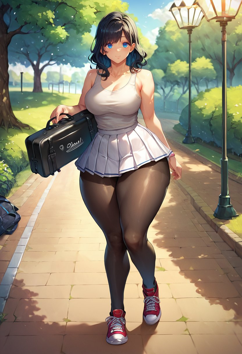 score_8_up, score_7_up,1girl, medium hair, black hair, blue eyes, tank top, pleated skirt, black and white skirt, black pantyhose, sneakers, musical instrument case, park, curvy, round thighs, soft thighs, thick thighs, huge ass, <lora:PulenKompot-Obui_Style-PonyXL:1> obui