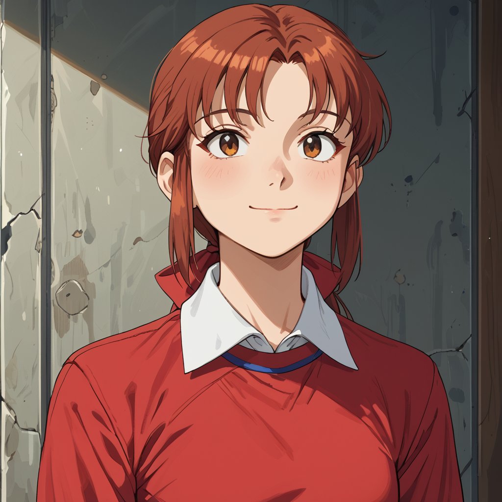 score_9, score_8_up, score_7_up, score_6_up, score_5_up, rating_questionable, source_anime BREAK 1girl, solo, upper body, portrait, MRHolly, smile, closed mouth, sidelocks, ponytail, red hair bow, red dress, long white sleeves, white collar, BREAK brown capri pants, <lora:MRHolly_SDXL-000005:1.0>