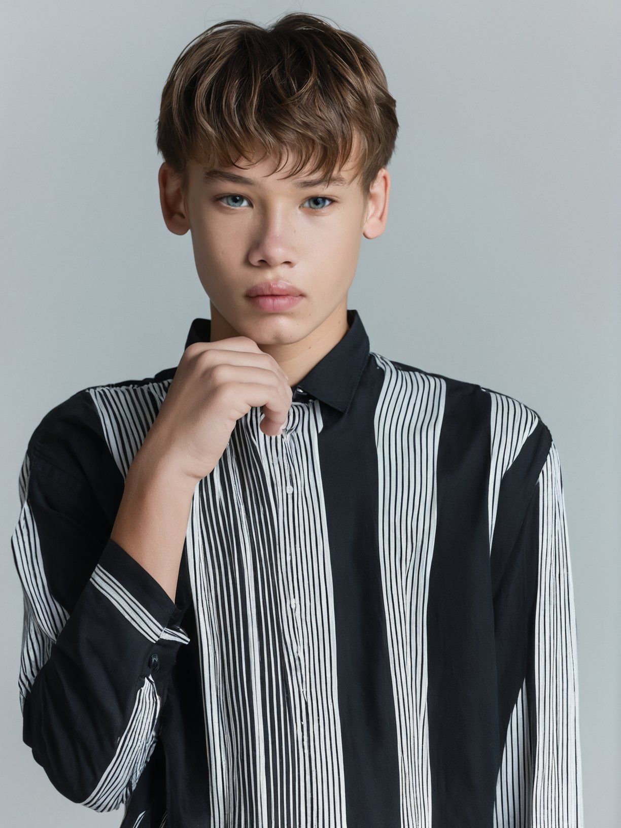 score_9, score_8_up, score_7_up, solo, photo, <lora:NG(n4tang0ldmann)SDXL:1> (n4tang0ldmann), teen boy, model, full thick lips, solo, brown hair, realistic, looking at viewer, male focus, 1boy, simple background, portrait, black shirt, shirt, lips, short hair, white background, closed mouth, freckles, looking back, black eyes, realistic, hyper detailed photorealistic life-like accurate proportional 8k sharp focus, accurate cinematic lighting, photorealistic detail, uncensored, full body shot 