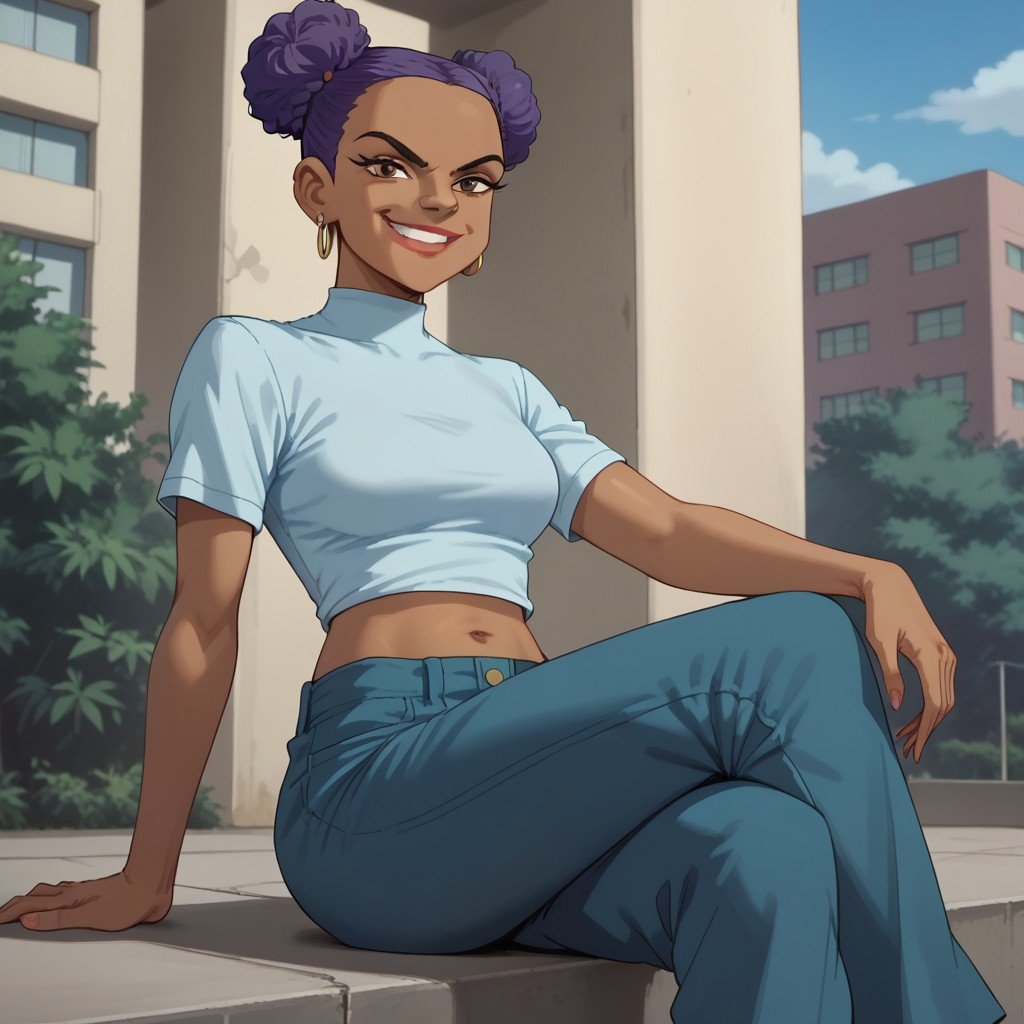 score_9, score_8, score_7, BREAK, sspuff, purple hair, double bun, dark-skinned female, shirt, pants, midriff, earrings, looking at viewer, sitting, crossed legs, smirk, 