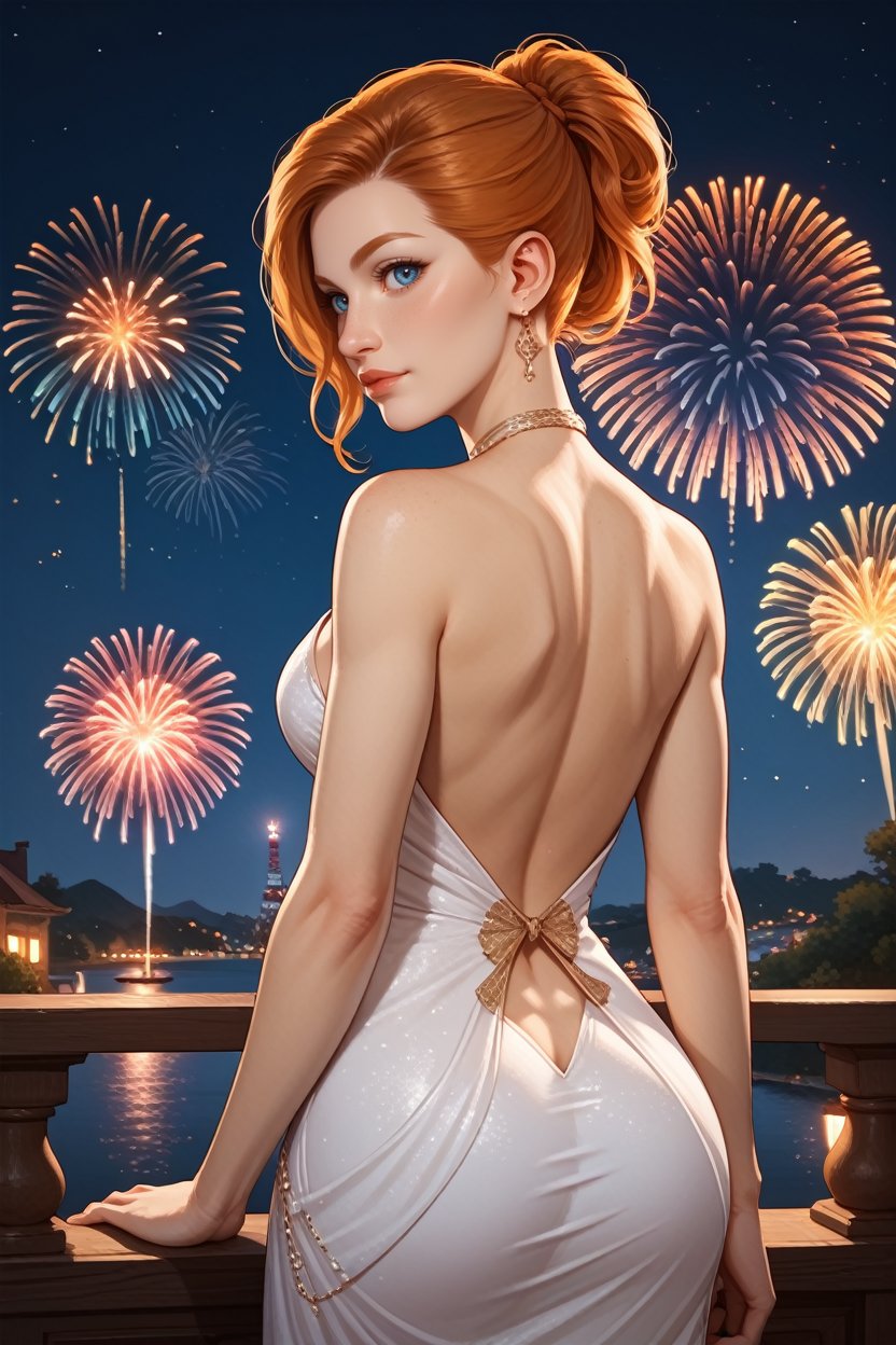 score_9, score_8_up, score_7_up,<lora:SpiderMaryJ:0.8>SpiderMaryJ, 1girl, orange hair, blue eyes, looking at viewer, from behind, cowboy shot, dress, looking back, fireworks, at night