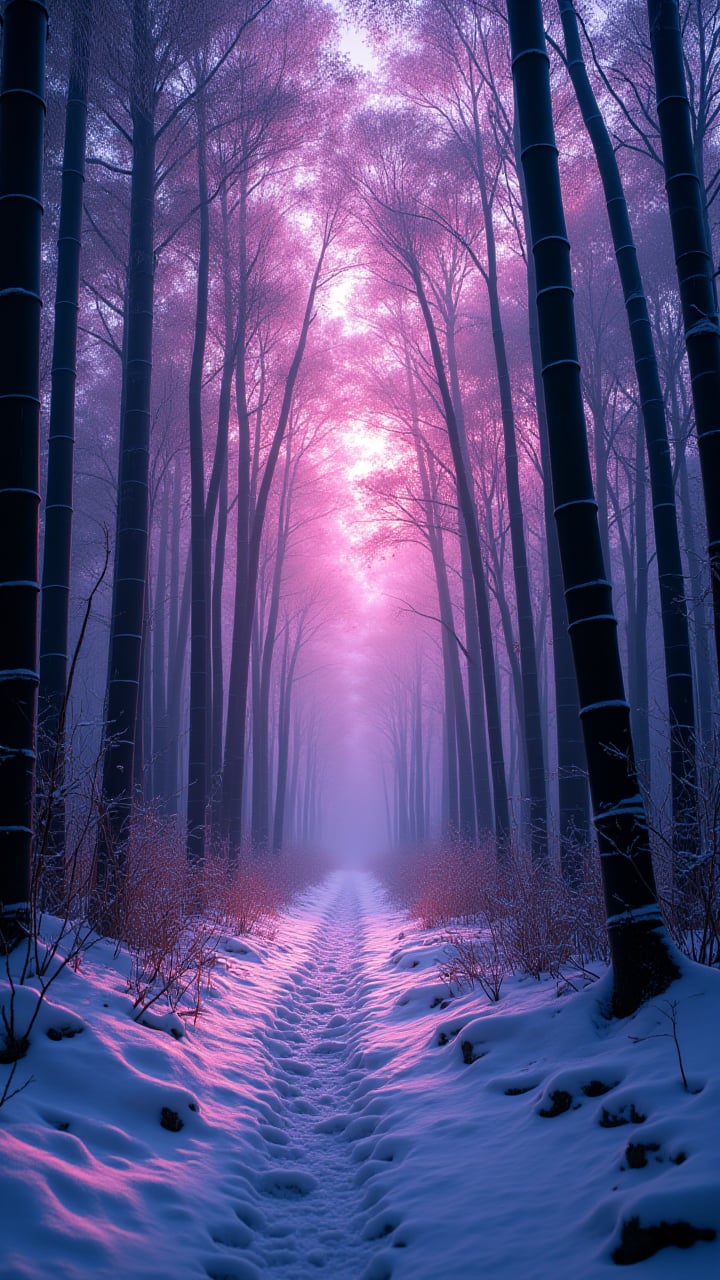 Fantastical Text:"RIP Midjourney", A over the shoulder shot of a bamboo shoot, with ambient light images and dark pink colors. The camera zooms in on the Snow of the trees, aidmaMJ6.1