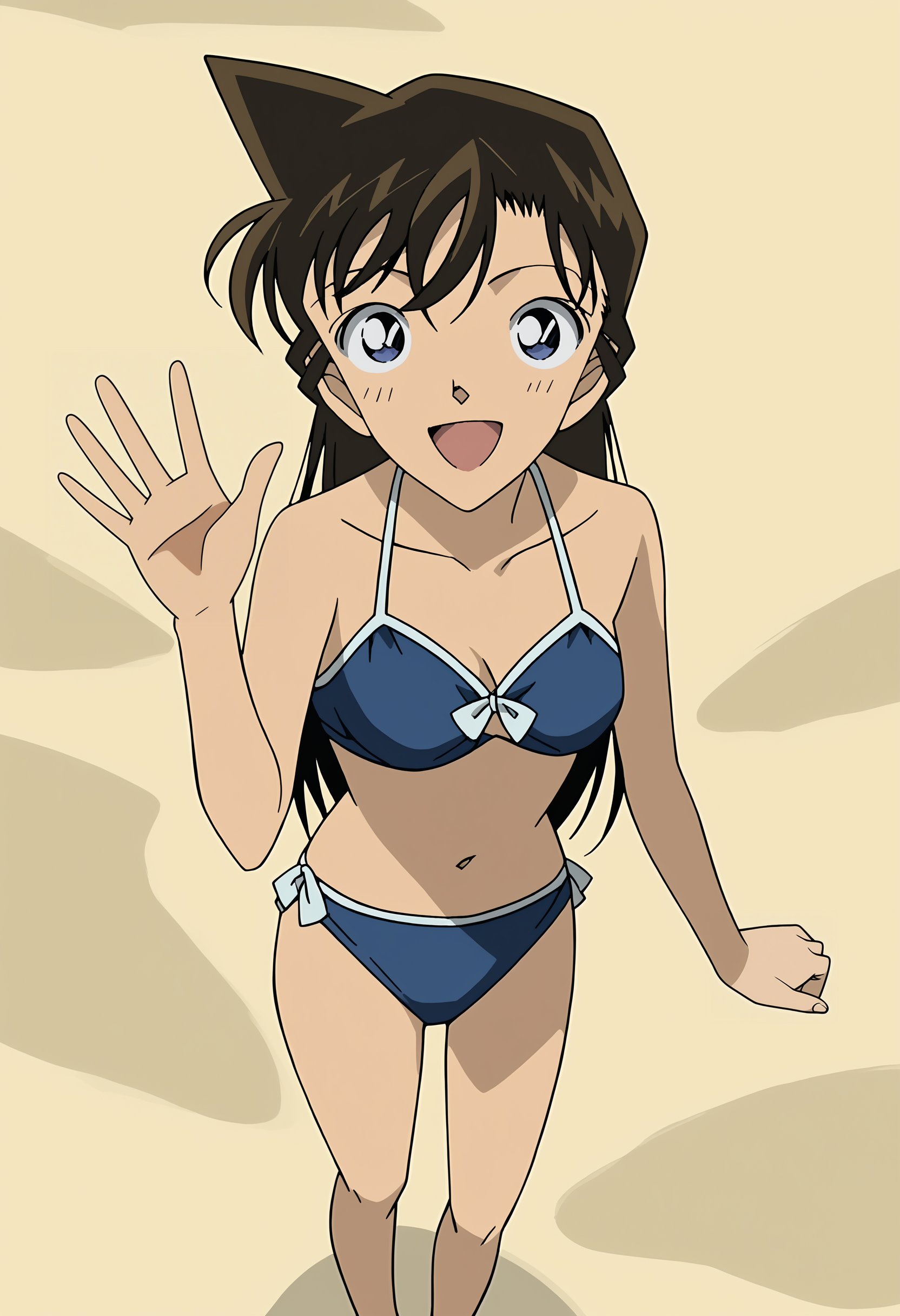 score_9, score_8_up, score_7_up, source_anime, official art style, masterpiece, anime screencap, Detective Conan anime art style, safe for work,on a beach, sand, ocean, <lora:Ran_Mouri:1>1girl, solo, long hair, brown hair, blue eyes, bangs, cute blue two piece bikini, barefoot,full body shot, happy girl, mouth open, smile, looking at the viewer, waving to the viewer, (only one hand up),