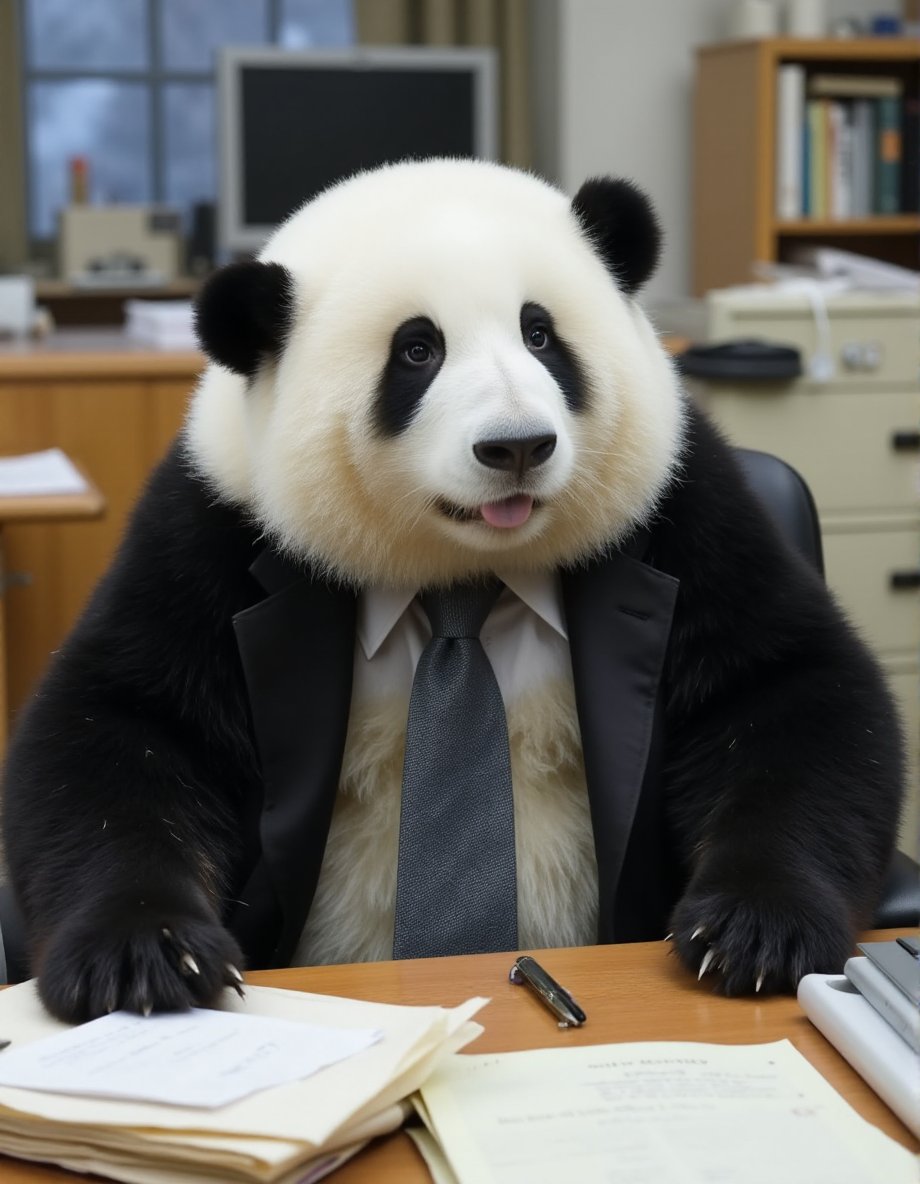 This high-resolution photograph captures a teen panda, with her distinctive black and white fur, sitting at an office desk. Huahua is dressed in a sharp, well-fitted suit, complete with a tie and neatly pressed shirt. The suit is detailed with fine stitching and a professional look, contrasting with her fluffy fur.Huahua's round, chubby body is covered in thick, soft fur, with black patches around her ears, eyes, and legs. Her face is marked by large, dark eyes and a small, black nose, but her expression is one of intense anger and frustration. Her brows are furrowed, and her eyes are narrowed, giving her a stern and formidable look.The office setting includes a desk cluttered with papers, a computer, and office supplies. The background consists of typical office elements like filing cabinets, shelves with books and documents, and a large window that lets in natural light. The scene captures the busy and stressful environment of an office.The overall composition of the image focuses on Huahua, making her the primary subject and capturing the unique and whimsical nature of this scene, blending her cute appearance with the serious and intense atmosphere of the office.,huahua, <lora:huahua_panda_Flux_V1-000002:1>