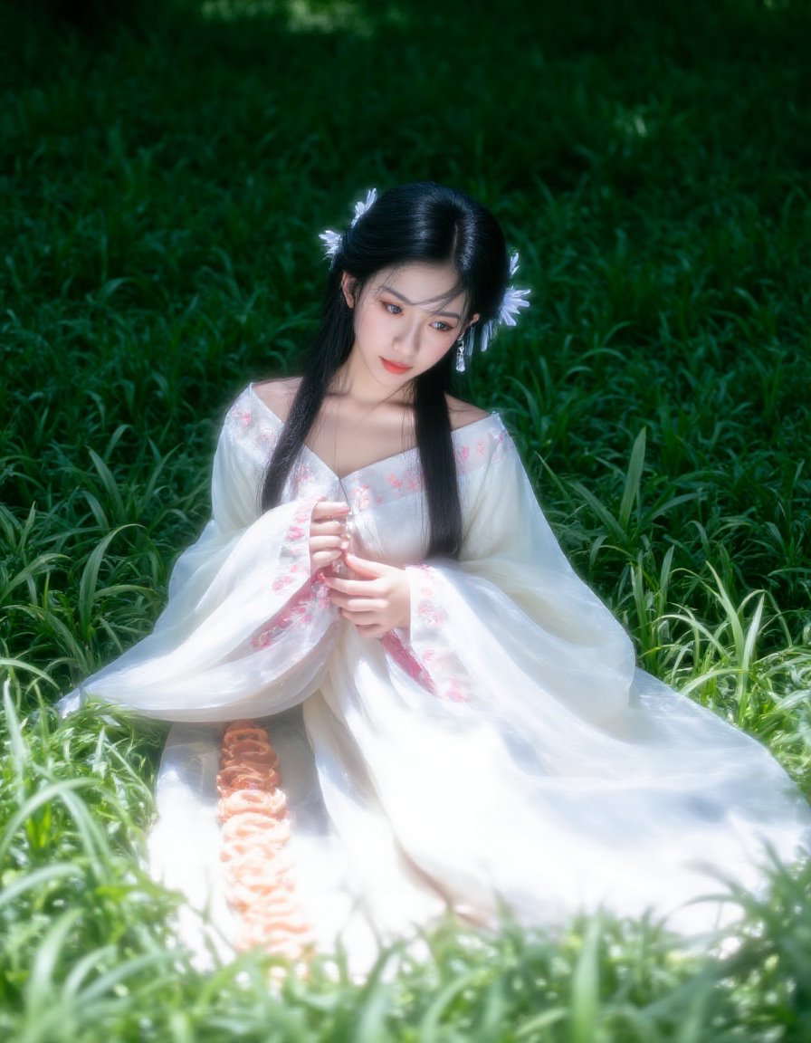 A woman wearing Hanfu sat in a vibrant green grass,  with white flowers decorating her hair. She was wearing a flowing whi...