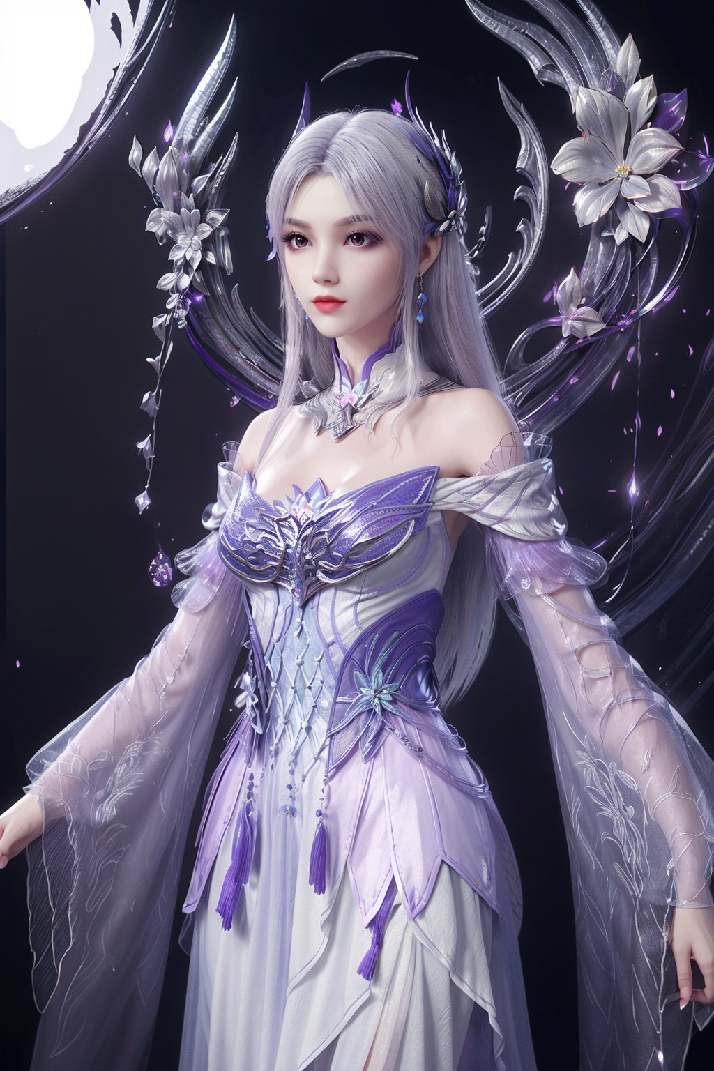 masterpiece,(best quality),light purple hair,official art,extremely detailed cg 8k wallpaper,(extremely delicate and beautiful),large breasts,solo,realistic,photo_\(medium\),cowboy shot,(chinese clothing,,solo,  see-through,wide sleeves, long sleeves,light purple gown,earrings,jewelry, detached sleeves,earrings,bare shoulders,solo,),adfxx0.75NOST4,1girl,long hair,hair ornament,flower garland,white hair,jewelry,<lora:yixian_douzun_2.0:0.7>,adfxx,