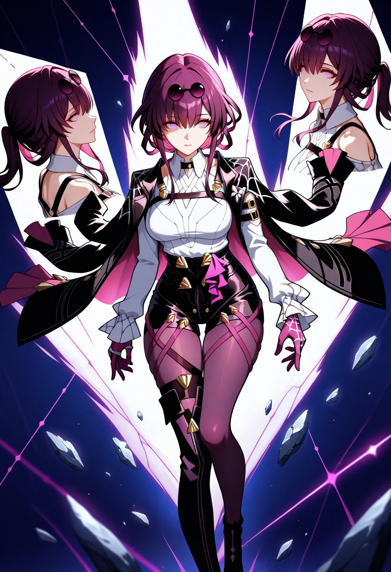 beast_quality,masterpiece,8k,1girl, kafka \(honkai: star rail\), purple eyes, bangs, eyewear on head, collared white shirt, long sleeves, jacket on shoulders, black jacket, black shorts, gloves, purple gloves, pantyhose under shorts, criss-cross straps, thigh strap, purple pantyhose, thigh boots, asymmetrical legwear, shatter, falling, split, dynamic pose, dark, expressions,