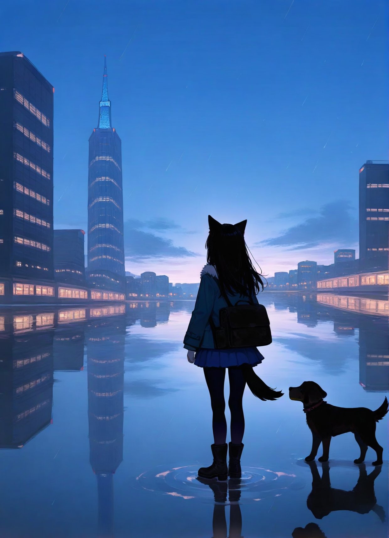 1girl,animal ears,cloud,outdoors,sky,long hair,scenery,cloudy sky,building,rain,skirt,solo,bag,cityscape,boots,reflection,city,standing,from behind,dog,pantyhose,skyline,facing away,tail,long sleeves,blue theme,water,skyscraper,jacket,pleated skirt,fur trim,cat ears,holding,animal,blue skirt,, best quality,amazing quality,very aesthetic,absurdres,masterpiece,