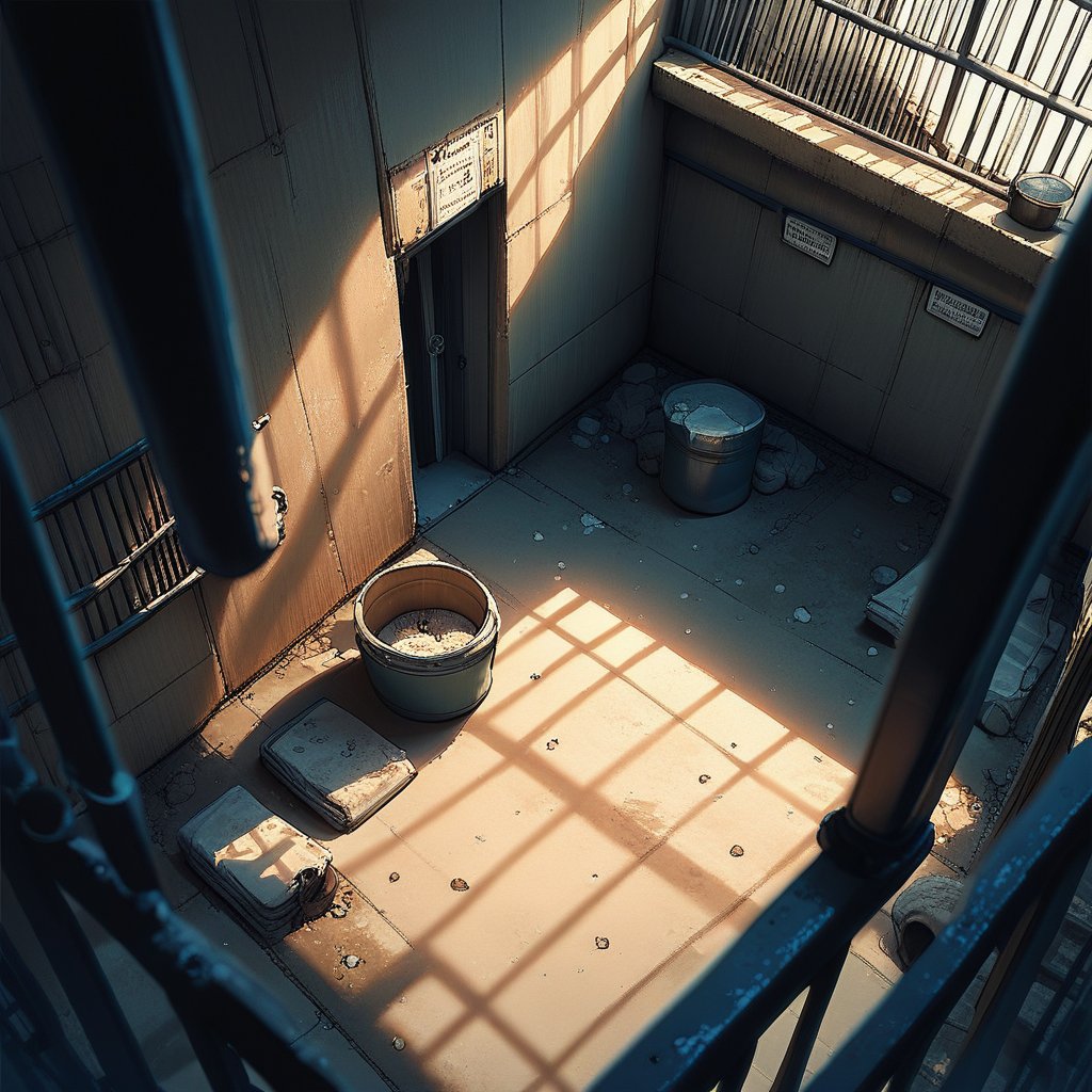 score_9, score_8_up, score_7_up, source_anime, rating_safe, CandiPRISON, prison focus, from above, negative space,