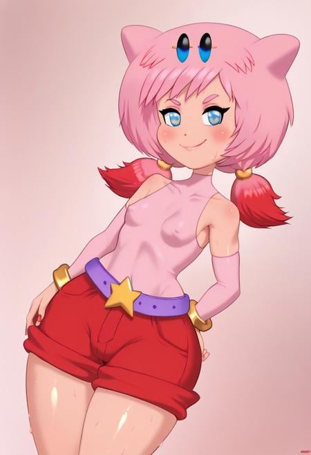 score_9, score_8_up, score_7_up, , shiny skin:0.1, source_anime, , deep skin,, high quality, highres, , 1girl, (curvy), ((wide hips)),, thick thighs, cute, , sexy, small breasts, Kirby-San, pink hair, red hair, gradient hair, low pigtails, cat ears, , blue eyes, turtleneck, pink shirt, sleeveless, long sleeves, purple belt, hair ornaments, short hair, multicolored hair, red shorts, Realistic, (covered nipples), gold bracelets, solo, , ((sweaty)), smug