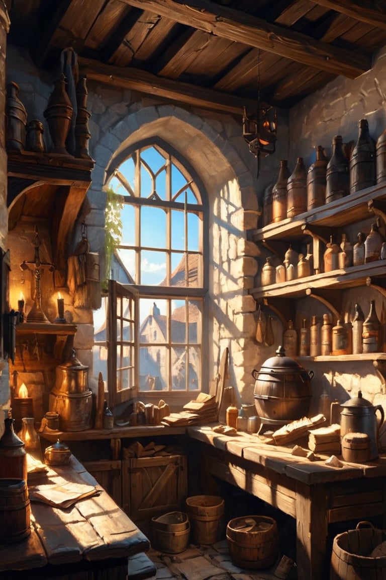 CXL-Home, medieval town tavern interior bright morning light shining through window(illustration:1.2) (best quality:1.2) (detailed) (intricate) (cinematic lighting)