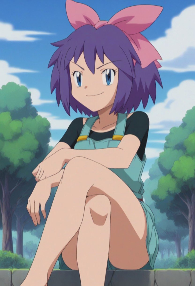 Score_9_up, Score_8_up, Score_7_up, easynegative, ng_deepnegative_v1_75t, anime coloringsmug, sitting, crossed legs, outdoorsKelly_Hoenn_(Pokemon), short hair, purple hair, pink bow, hair ribbon, blue eyes, overall skirt, shirt