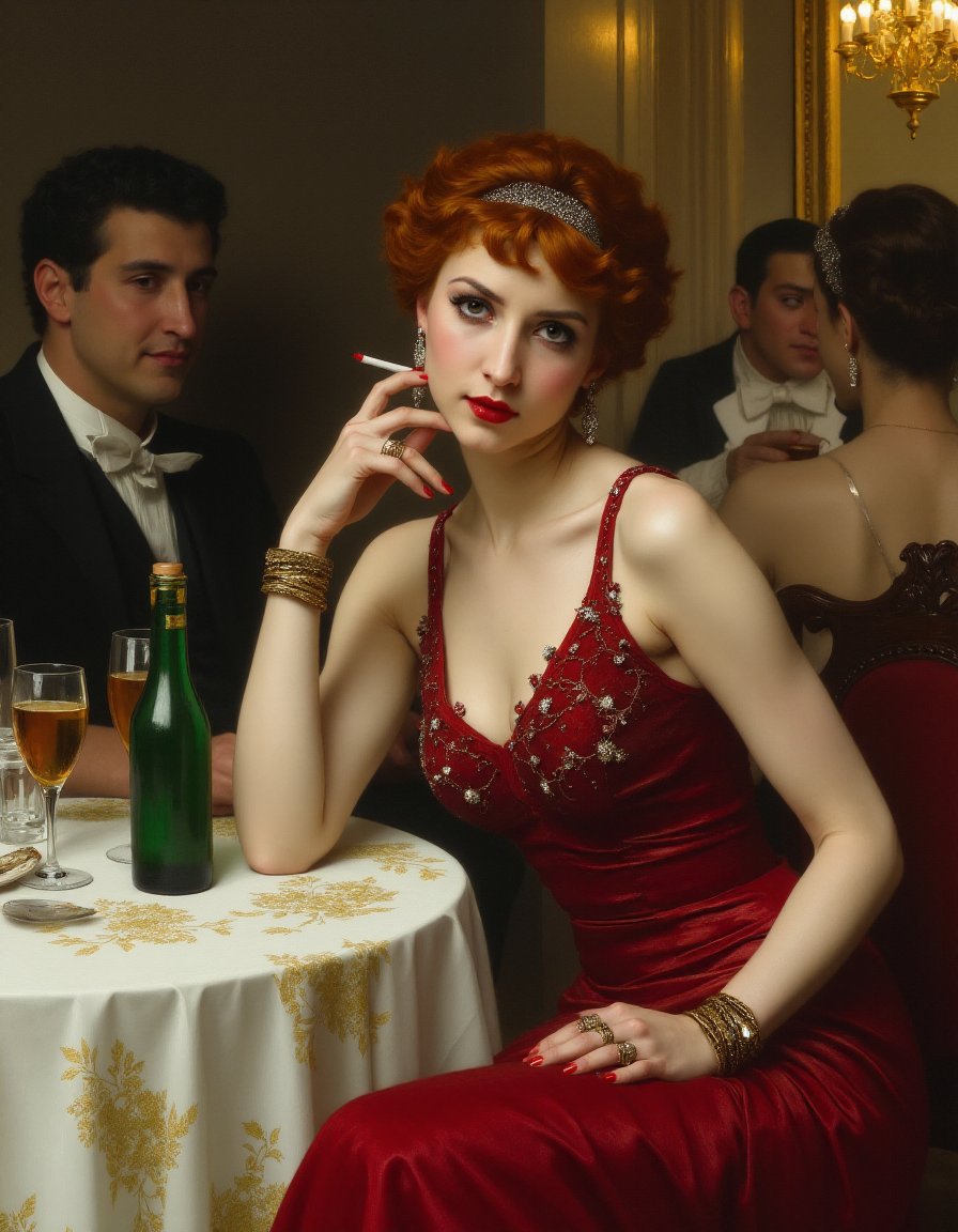 This is a highly detailed,Impressionism oil painting painting featuring a woman in a lavish, vintage setting. The woman, with fair skin and short, tousled auburn hair adorned with a sparkling headpiece, sits elegantly at a table in an upscale restaurant. She is dressed in a form-fitting, deep red gown with intricate beadwork and sequins that catch the light, accentuating her ample cleavage and hourglass figure. Her expression is sultry, with dark, smoky eyes and red lipstick.In her left hand, she holds a cigarette, while her right hand rests on the table, adorned with multiple bracelets and rings. Beside her on the table is a green Absinthe bottle, suggesting a sophisticated, indulgent atmosphere. The table is covered with a white tablecloth adorned with gold and floral patterns, and there are two empty wine glasses and a half-empty wine bottle.The background reveals other patrons engaged in conversation, dressed in formal attire, with men in tuxedos and women in elegant evening gowns. The lighting is soft and warm, creating a cozy, intimate ambiance.Bouguereau style, <lora:Bouguereau_style:1>