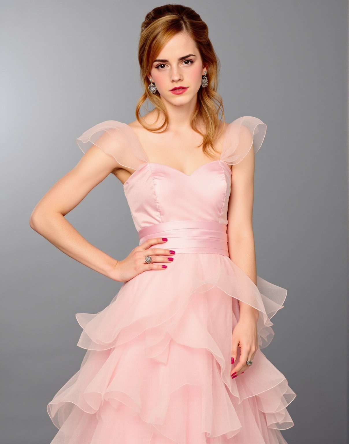 The image is a photograph of a young woman standing against a plain, gradient gray background. She has light brown hair styled in an elegant updo with loose curls cascading down her back and over one shoulder. Her facial expression is serious and composed. She is wearing a stunning, strapless ballgown made of shiny pink satin and adorned with delicate ruffled layers that cascade down from the waistline. The bodice of the dress features a fitted top with sheer, ruffled sleeves that fall off the shoulders, giving it a graceful, ethereal look. She accessorizes with small, delicate silver earrings and a ring on her right hand. Her makeup is minimal, with a natural-looking blush and soft pink lipstick that complements her dress. The texture of the fabric is smooth and luxurious, reflecting light to give it a shiny appearance. Her overall appearance is sophisticated and refined, suitable for a formal occasion.,Emma Watson, <lora:Emma_Watson_Flux_V1-000001:1>