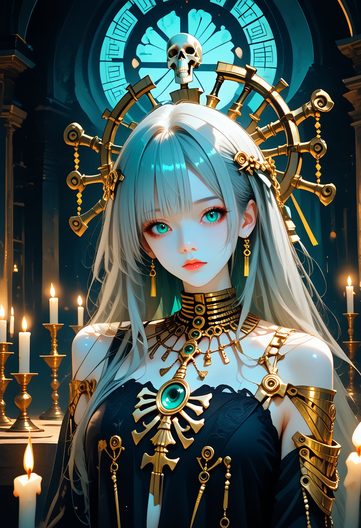 a dim scene,the walls of skeletons piled up,girl wearing black gauze,gold jewelry,turquoise eyes,gray long hair,air bangs,candlelight,