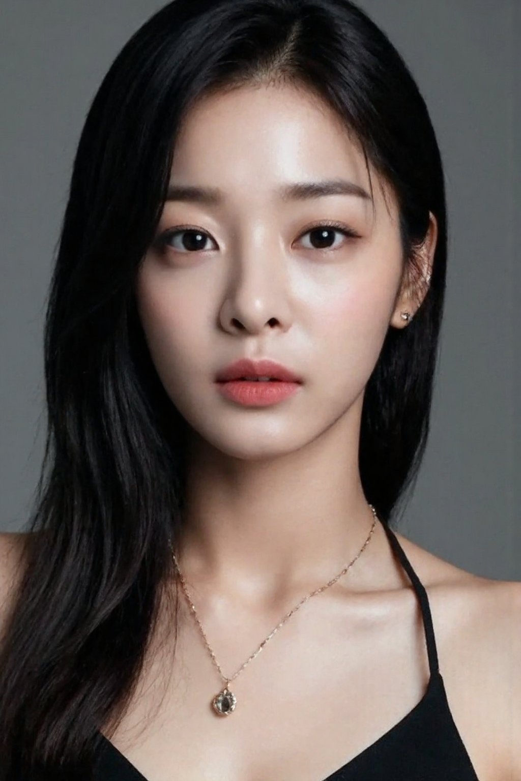 (medium full shot), beautiful korean girl with dark eyeshadow and eyeliner, red lips, long wavy hair , wearing silk sleeveless dress,  gray background, studio lighting, necklace, dslr, soft lighting, high quality, film grain,  light reflections, blood vessels,  , skin pores,blood vessels in sclera, detailed skin, beauty spots, skin fuzz, <lora:flux_realism_lora:1>,  <lora:makinaflux_seolinah_v1.0:1>