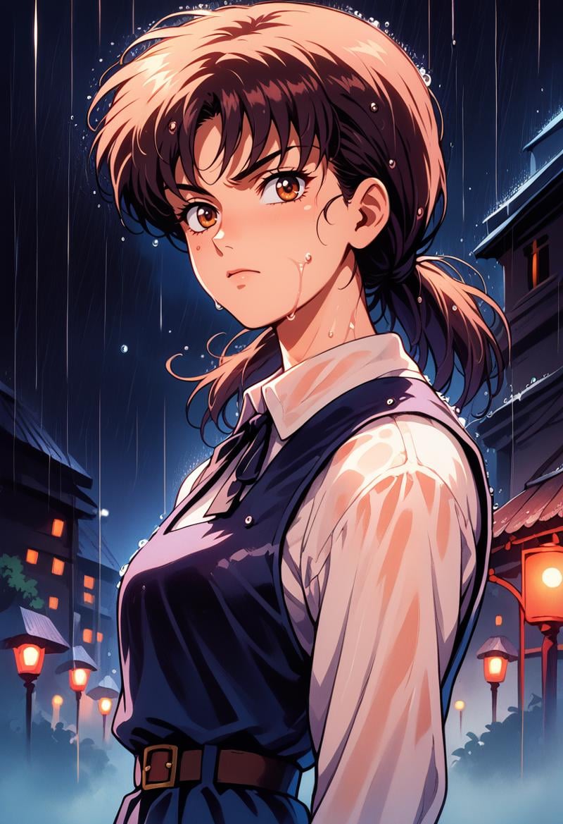 score_9, score_9_up, score_8_up, Expressiveh, raw, gorgeous, pixiv, highres, highly detailed,  wet, rain, night, soft expression, neogeo, saturated, high contrast, halftone effect, sharp outlines, cel shading, Vintage, 1990s \(style\) <lora:RetroAnimeRedux:0.8>, dark, <lora:Yoruv4:1>, Asa_mitaka, brown eyes, black hair, black ribbon, black pinafore dress,