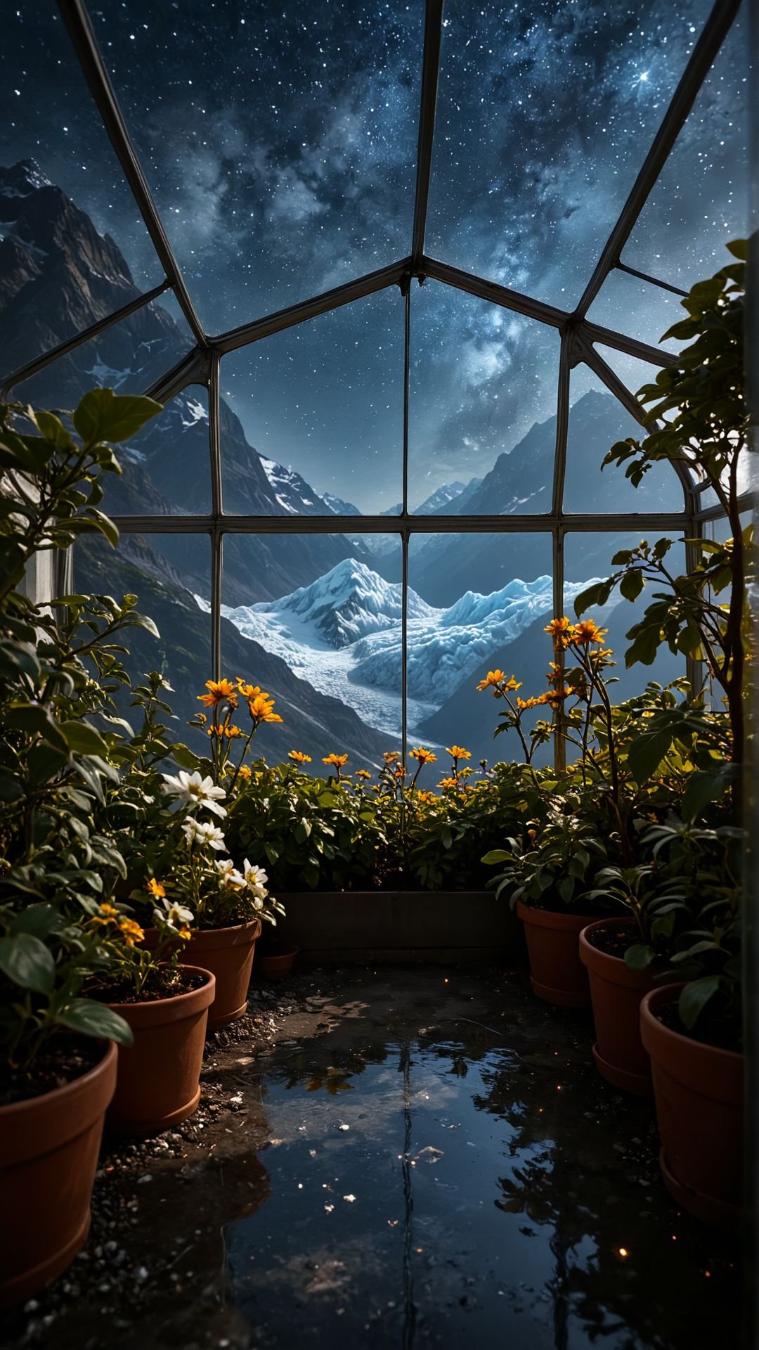 photograph, landscape of a [Las Vegas:Aletsch Glacier:4], from inside a Greenhouse, Stars in the sky, CGI Art, photo, <lora:MidjourneyV6.1:1>, midjourneyv6.1,  <lora:aidma-Image Upgrader-v0.1:0.45>, <lora:aidmaFluxStyleXL-v0.2:0.55> flux-style