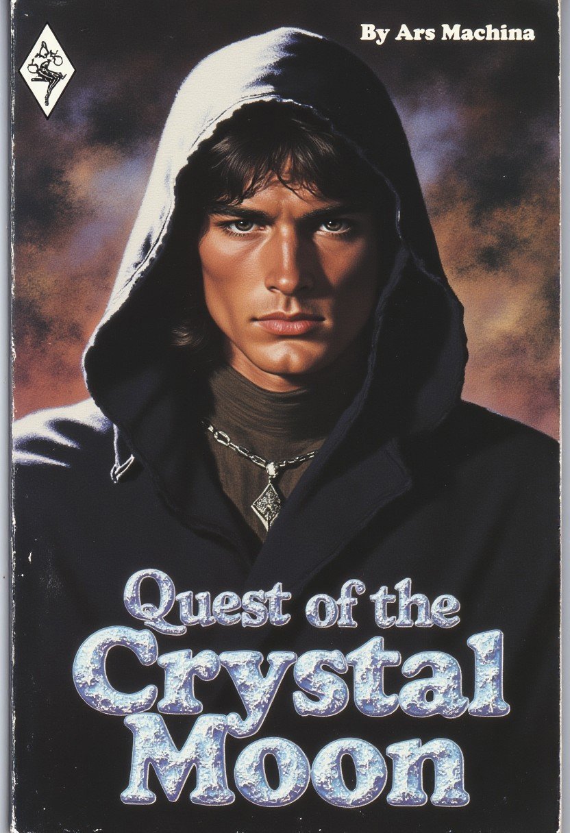 ArsMovieStill, 80s Fantasy Movie Still,   The image is a book cover of a young man wearing a black hooded cloak with a hood that covers his head. "Quest of the Crystal Moon" written with big letters made of silver crystal on the bottom,  "By Ars Machina" on the top left