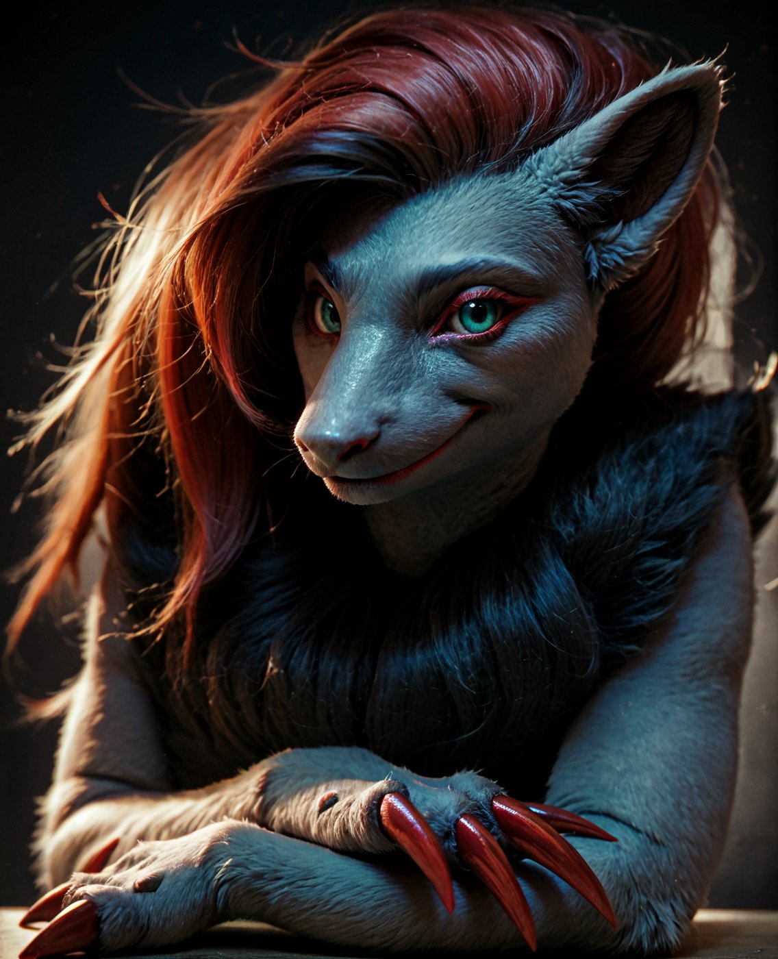 real e621, photorealistic, masterpiece, photorealistic realistic fluffy zoroark_(pokemon), dark background, simple background, sharp detailed zoroark_(pokemon) teal eyes, looking at viewer, tilting head to the side, smiling at viewer, glistening fur, detailed fluffy fur, dark, sitting, three claws,