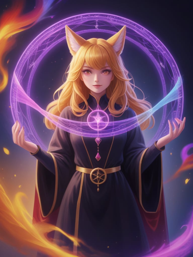 (Solo), anthro fox girl, black robe with golden details, sorcerer,colorful, rainbow,magic circle, summoning,