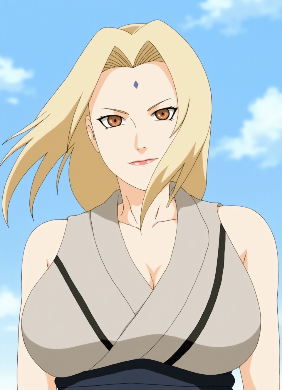 This image is a digital frontview drawing in the anime style, depicting a female character's nude top with a serious and determined expression. The character has light blonde hair, cut in a straight,The wind is blowing her hair,shoulder-length style with bangs that cover her forehead. Her eyes are large and almond-shaped, with a piercing gaze, and her skin is fair blushing, She is showing big breast, which is green with a black sash and a grey inner layer visible at the neck.Her face is adorned with a small, triangular blue mark on her forehead, typical of certain Japanese characters in anime.The background is Blue sky and white clouds making the character the focal point of the image. The drawing style is clean and crisp, with smooth lines and a minimalistic shading technique that highlights the contours and textures of the character's hair. The overall tone of the image is somber and intense, reflecting the character's demeanor and the dramatic nature of the scene.,smiling,tsunade, <lora:Tsunade_Flux_V1_r1:0.95>