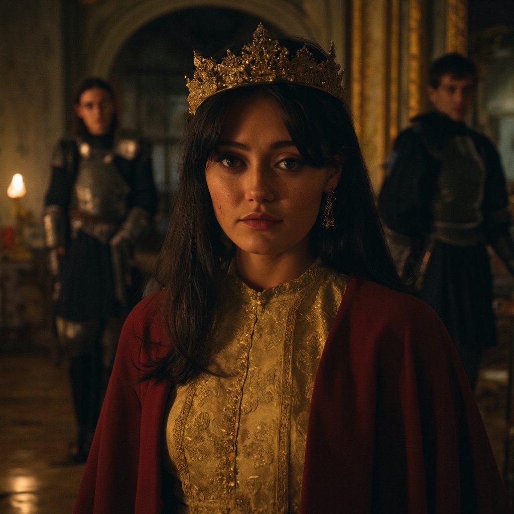 A portrait of ella_purnell with black hair, wearing a golden crown with intricate detailing. She is wearing a golden dress with detailed patterns and a high neckline, a high collar, and a red cloak. The woman's gaze is direct and intense, with a neutral expression. The background is a dimly lit room with ornate walls and a wooden floor, illuminated by a soft glow from a candle. Two male knights in pitch-black armors are standing in the background, facing the viewer.The color palette is dominated by dark tones with gold accents, creating a regal and mysterious atmosphere.