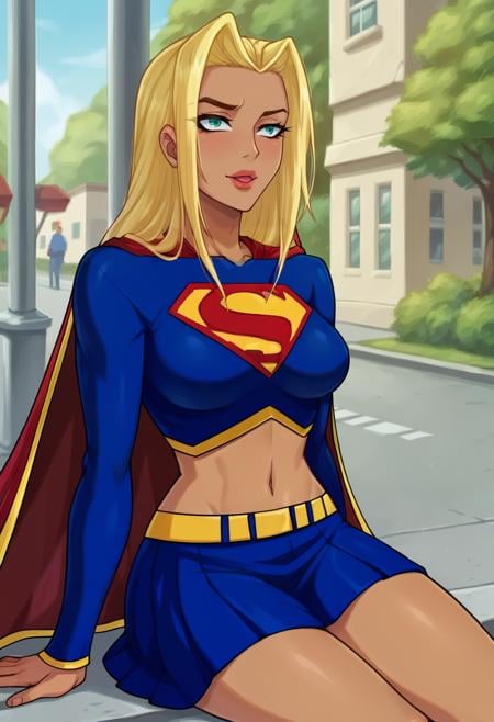 score_9,score_8_up,score_7_up BREAK <lora:supergirl110:1>,supergirlApocalypse,1girl,long hair,blue eyes,blonde hair,navel,midriff,dark skin,skirt,cape,dark-skinned female,lips,yellow belt,long sleeves,blue crop top,superhero,cowboy shot,street,sitting,