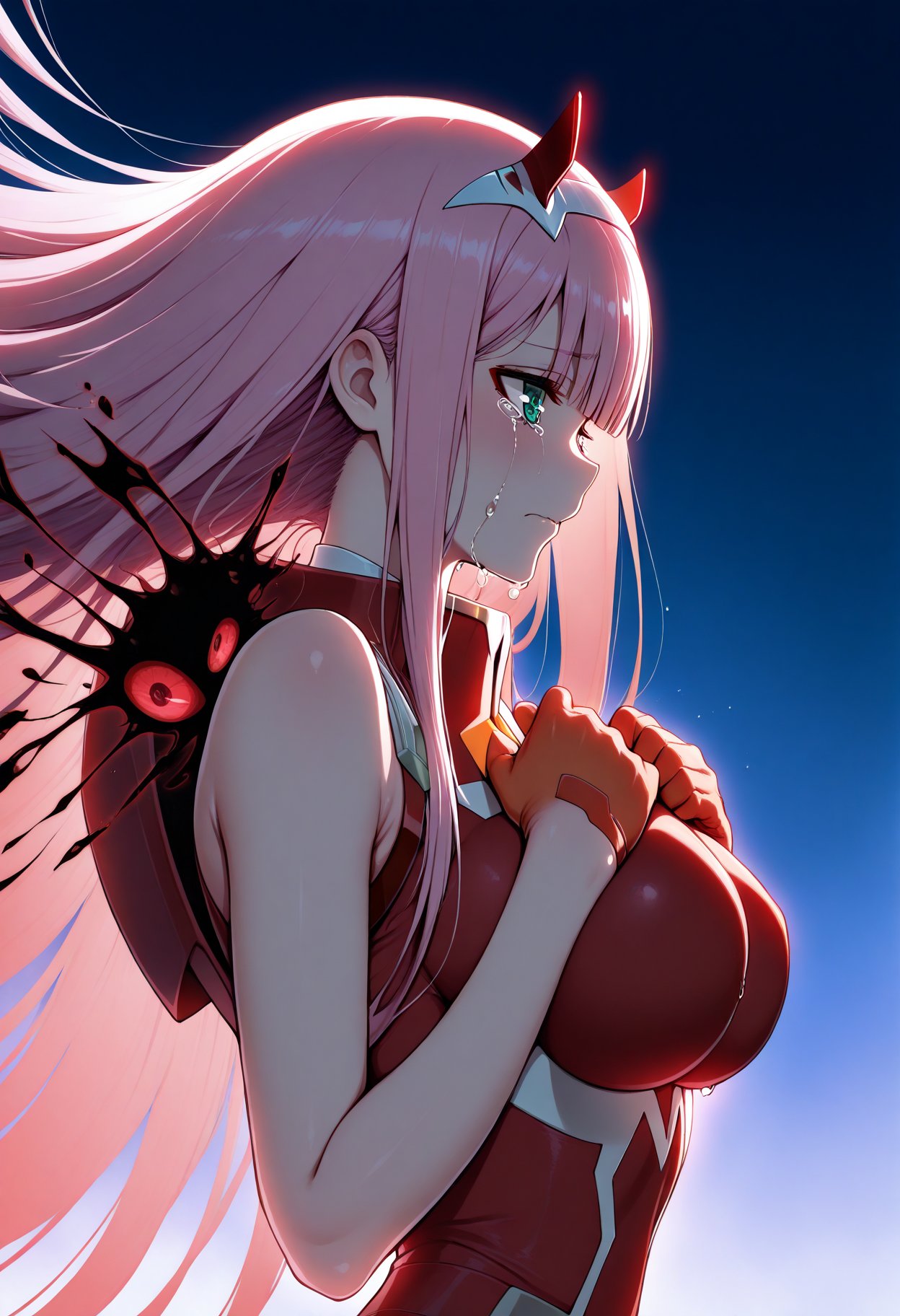 beast_quality,masterpiece,8k,low light,darkness,zero_two_\(darling_in_the_franxx\),1girl,solo,large_breasts,from side,head up to the sky,tears,crying,hands on chest,