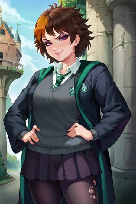 score_9, score_8_up, score_7_up, BREAK ict style, merula 1girl, hogwarts school uniform, green and white necktie, purple eyes, brown hair,streaked hair, black pleated skirt, pink, green trim, black robe, hands on own hips, smirk, looking at viewer, cowboy shot, open robe, long sleeves, grey sweater vest, white collared shirt,messy hair, eyeshadow, black pantyhose, outdoors, castle, pillar <lora:MerulaMavisPony:1> 