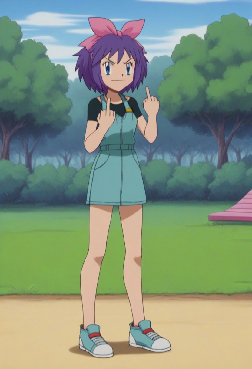 Score_9_up, Score_8_up, Score_7_up, easynegative, ng_deepnegative_v1_75t, anime coloringoutdoors, playground, full body, (shows middle finger:1.5), 1girlKelly_Hoenn_(Pokemon), short hair, purple hair, pink bow, hair ribbon, blue eyes, overall skirt, shirt