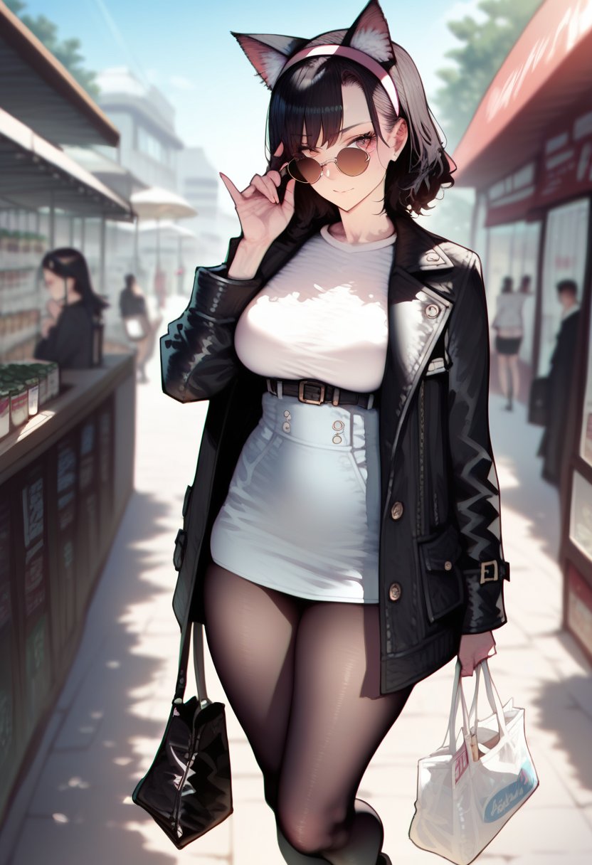 score_9, score_8_up, score_7_up, score_6_up, source_anime, <lora:WAW 0.2v:0.85>, WAW, curvy, curves, curvy body,animal ears, bag, 1girl, pantyhose, sunglasses, black hair, blurry, solo focus, adjusting eyewear, holding, cat ears, fake animal ears, long sleeves, looking at viewer, shop, standing, blurry background, holding bag, jacket, bangs, closed mouth, medium hair, looking over eyewear, tinted eyewear, coat, depth of field, outdoors, hairband, round eyewear, hand up, black footwear, hand on eyewear, animal ear fluff, black jacket