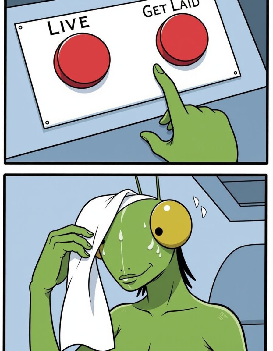 The image are high-resolution cartoon scene featuring a praying mantis with two buttons In twobuttonsmeme style.Top panel:...