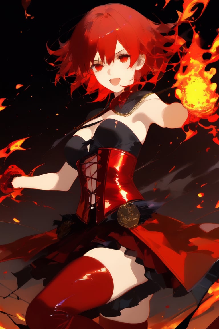 masterpiece,best quality,1girl,red hair,flaming hair,red eyes,flames,hands in flame,flame blade,red magic circle,red corset,black thighhighs,sidelighting,light particles,abstract,