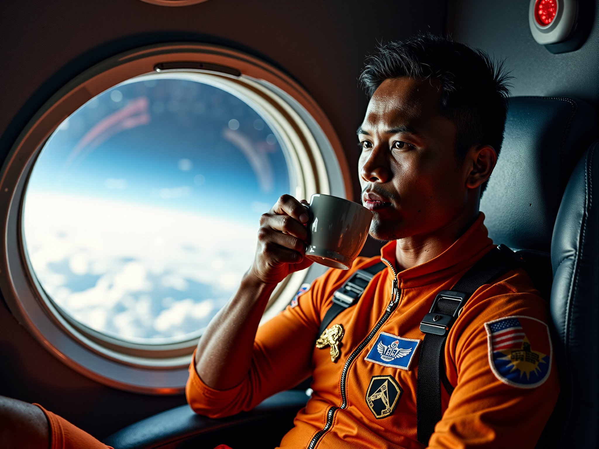 A realistic candid photo of Buakaw Banchamek. Sip a coffee in the spacecraft, with the scene of the earth out of the window.<lora:BuakawF1_SET1_32_x32:0.9>