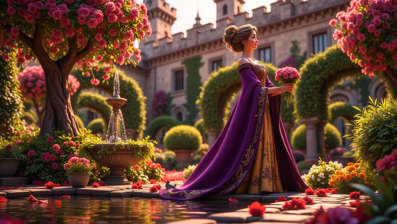 A noblewoman, adorned in a flowing gown of deep purple and gold, strolls through a lush castle garden. She holds a small bouquet of roses and pauses by a fountain, her expression wistful as she gazes into the water. The garden is filled with vibrant flowers, manicured hedges, and the soft chirping of birds. The style is elegant and romantic, capturing the tranquility of the noblewoman’s world and the beauty of medieval nobility  <lora:Cute_3d_Cartoon_Flux:0.6>