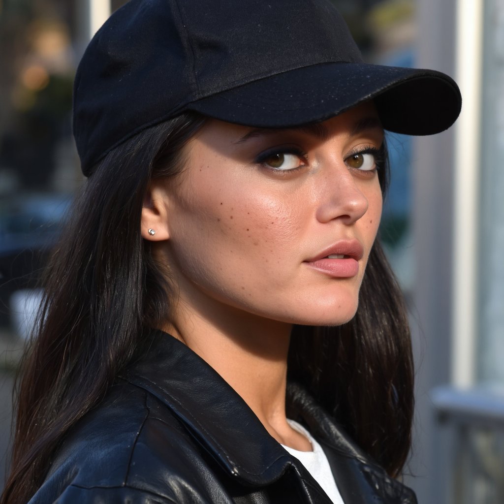 A close-up portrait of ella_purnell, captured in a side profile. She wears a black baseball cap and a black leather jacket. Her long, straight black hair flows down her back, and she wears a silver earring. The woman's gaze is directed slightly to the side, and her lips are slightly parted, revealing a hint of pink lipstick. The background is blurred, emphasizing the subject. Soft lighting casts a warm glow on her face, highlighting her features and the texture of her jacket. The image style is candid and natural, capturing a serene moment.