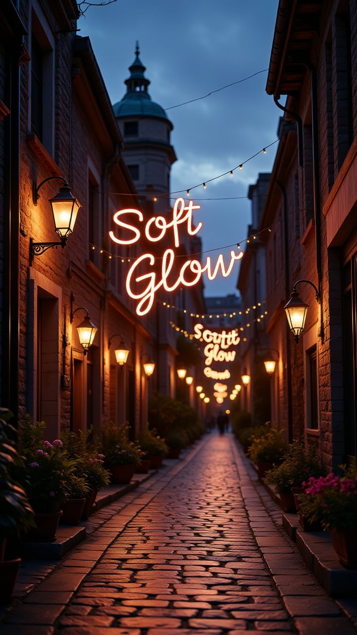 A street at dusk, bathed in a warm, soft glow from vintage lamps, with "Soft Glow" written in light trails above the cobblestone road    , aidmasoftglow