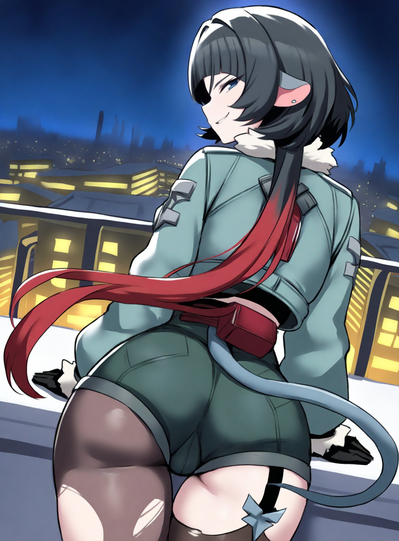 masterpiece, best quality, very aesthetic, absurdres,1girl, janedoe, bangs, black hair, blue eyes, red hair, long hair,mouse ears, tail,fur-trimmed jacket, green jacket, high-waist black shorts, long sleeves, single leg pantyhose, torn pantyhose, torn thighhighs,smirk, from behind, looking back, city, rooftop, night  <lora:JaneDoeIllustriousXL_byKonan:1>