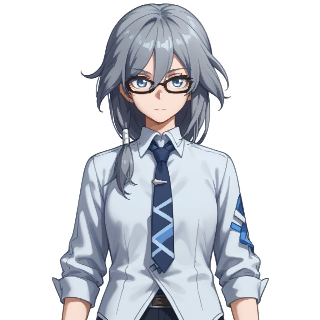 (white background:1.2),looking at viewer,(SOLO:1.4),outline,simple background,upper body, cowboy shot,looking at viewer,(((arms at side))),  fu hua, fu hua animever, long hair, bangs, blue eyes, hair between eyes, grey hair, blue hair, hair ornament, low-tied long hair, glasses<lora:旅途危机pony:0.8>