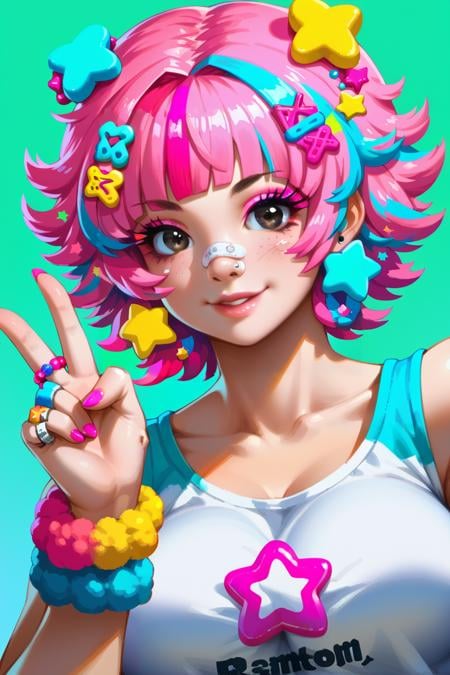 score_9, score_8_up, score_7_up BREAK  1girl,solo,smile,urban background,large breasts,peace sign looking at viewer, hair ornament, jewelry, upper body, pink hair, hairclip, star (symbol), black eyes, bracelet, lips, ring, bandaid, bandaid on face, bandaid on nose, colorful ,wearing edgPastelGoth <lora:edgPastelGothPony-000002:1>