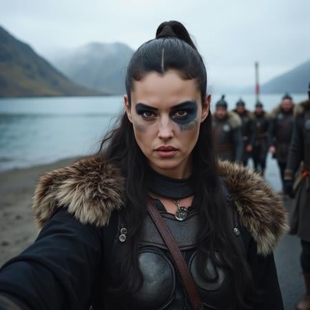 Instagram selfie of a nordic viking warrior princess with black warpaint under her eyes. There is a beautiful norwegian fjord in the background and other viking troops walking past her. She looks fierce and beautiful yet calm.  ,<lora:monbellucci_local_flux_1_standard-000038:1>