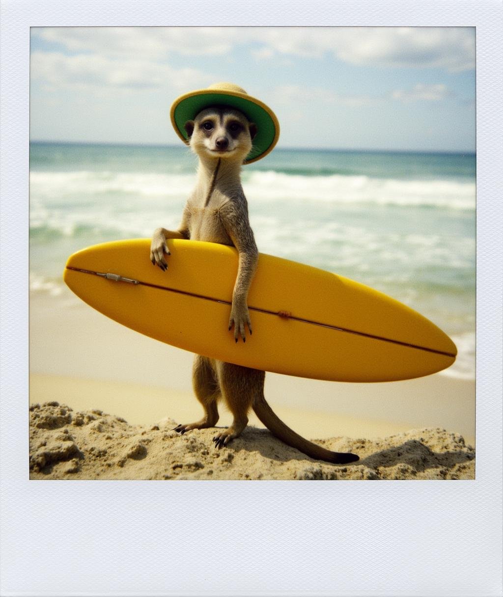 Polaroid frame of An antropomorphic meerkat wearing a surfers hat and carrying a surf board <lora:Polaroid_Flux:1.0><lora:ComfyUI_30698_:0>