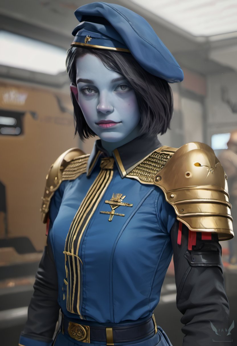 zPDXL, zPDXLxxx, BREAK <lora:nikki_gold:0.9>, nikki gold, 1girl, hat, uniform, slacks, beret, solo focus, blue headwear, short hair, colored skin, grey blue skin, grey eyes, realistic, black hair, cowboy shot,  black shoulderpads, looking at viewer