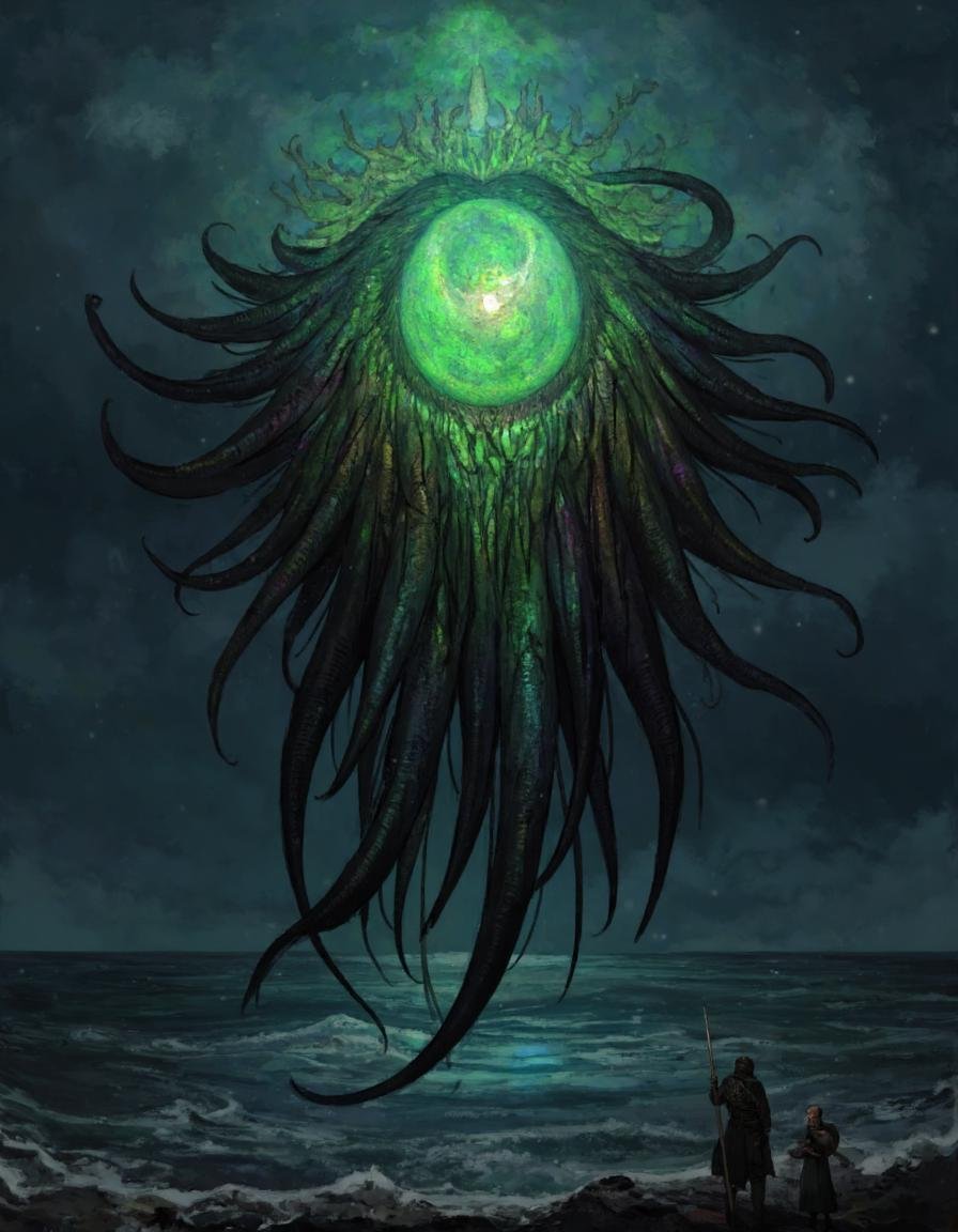 The image is a digital illustration of a mythical creature with a large head and tentacles. The creature appears to be flo...