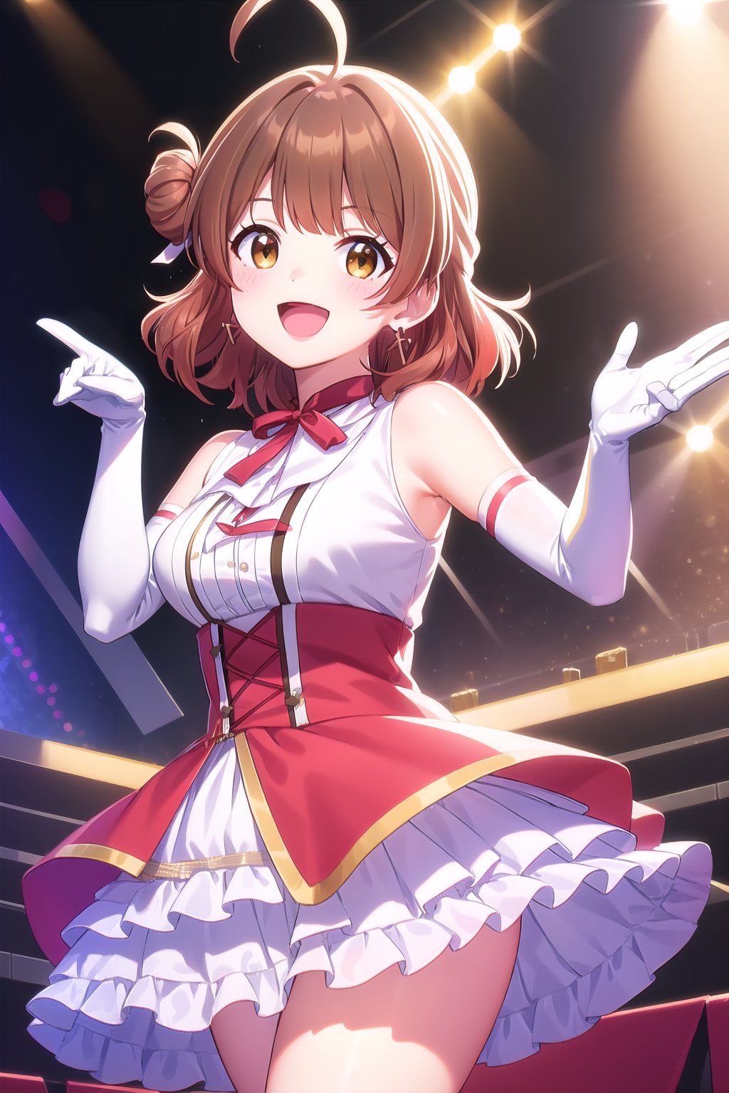 (masterpiece, best quality), highly detailed background, perfect lightingbest quality, hanamiume, solo, indoors, stage, stage lights, idol, brown hair, gradient hair, ahoge, red ribbon, hair ribbon, single hair bun, half updo, blunt bangs, medium hair, brown eyes, medium breasts, heart earrings, red choker, white dress, frilled dress, sleeveless dress, buttons, white gloves, elbow gloves, frilled skirt, cross-laced clothes, multicolored clothes, smile, open mouth, :d, <lora:Hanami-Ume:0.7>