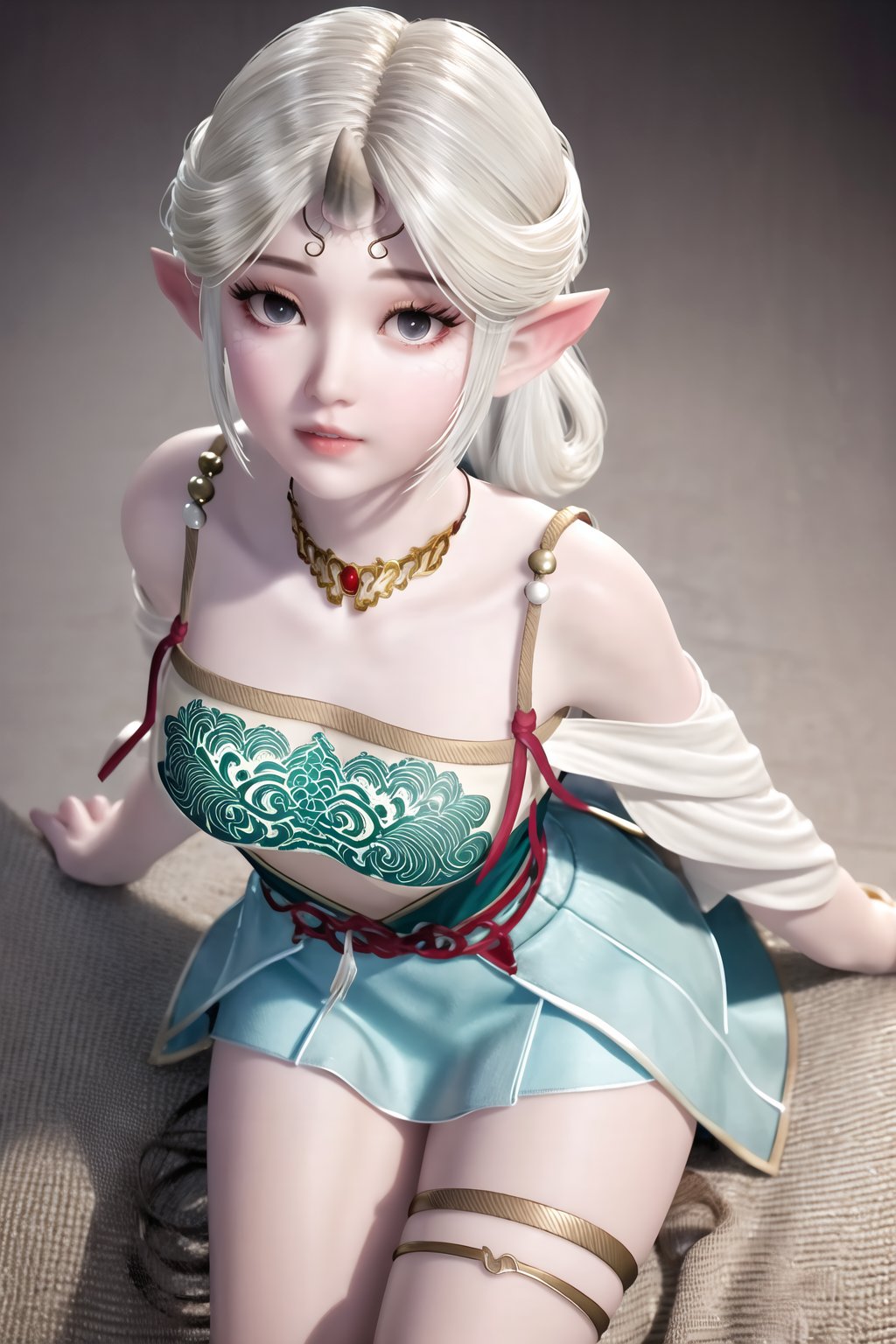 (8k, RAW photo, best quality, masterpiece:1.2),(realistic, photorealistic:1.3), ultra-detailed, extremely detailed cg 8k wallpaper,(crystalstexture skin:1.2), extremely delicate and beautiful, pointy_ears, 1girl, elf, solo, thigh_strap, jewelry, necklace, bare_shoulders, simple_background,(full shot), (breasts, medium breasts,  cleavage), looking_at_viewer, sitting, full body, 