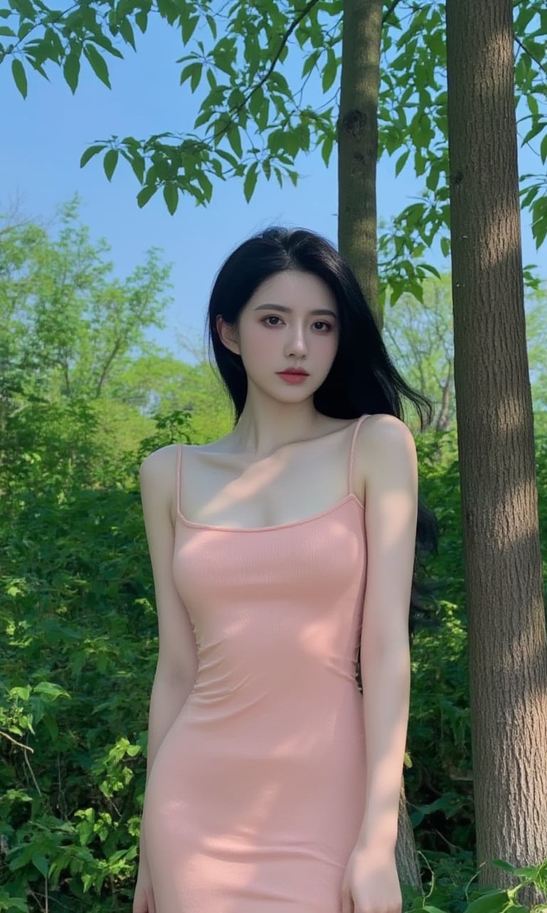 This is a high-resolution, nature-themed image with a style that evokes a sense of tranquility and beauty. In the picture, there is a woman wearing a pink sundress, her body facing the left side of the frame and her gaze fixed on the camera. She appears to be between the ages of 20 and 30, female, slim, with a calm expression. She is wearing a pink sundress, her hair is black, long and flowing without bangs. The background consists of green foliage and trees, while the sky is blue. Sunlight filters through the leaves, casting some dappled light on the woman's body. <lora:墨幽-Flux-Lora-网图:0.9>