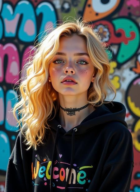 Text letters and words that says "Welcome" in playful pastel styling on a vibrant graffiti wall, an anime girl in her 20s poses with freckles and vivid blue eyes. A front view, beautifully capturing her lush blonde hair cascading over a black hoodie and revealing neck tattoos. A colorful urban backdrop filled with abstract patterns enhances the scene. A striking medium format photography. Bright sunlight illuminates her features, creating sharp contrasts and detailed textures