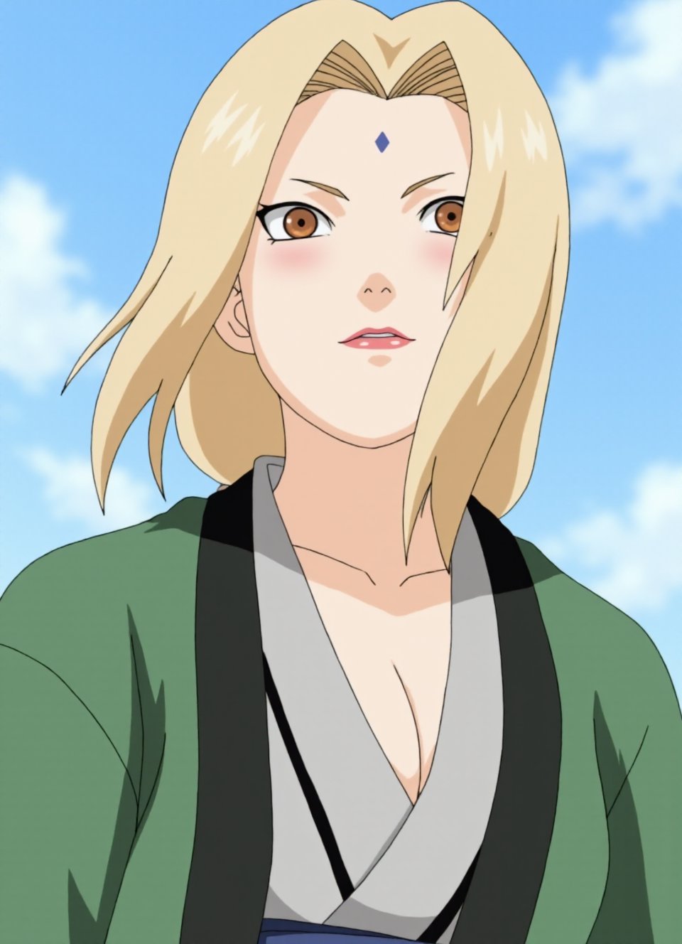 This image is a digital frontview drawing in the anime style, depicting a female character's upper body with a serious and determined expression. The character has light blonde hair, cut in a straight,The wind is blowing her hair,shoulder-length style with bangs that cover her forehead. Her eyes are large and almond-shaped, with a piercing gaze, and her skin is fair blushing, She topless and showing naked big breast, which is green with a black sash and a grey inner layer visible at the neck. The kimono is draped over her shoulders, creating a sense of formality and elegance. Her face is adorned with a small, triangular blue mark on her forehead, typical of certain Japanese characters in anime.The background is Blue sky and white clouds making the character the focal point of the image. The drawing style is clean and crisp, with smooth lines and a minimalistic shading technique that highlights the contours and textures of the character's clothing and hair. The overall tone of the image is somber and intense, reflecting the character's demeanor and the dramatic nature of the scene.,smile,tsunade,tsunade's green Jacket \(outfit\), <lora:Tsunade_Flux_V1_r1:0.95>